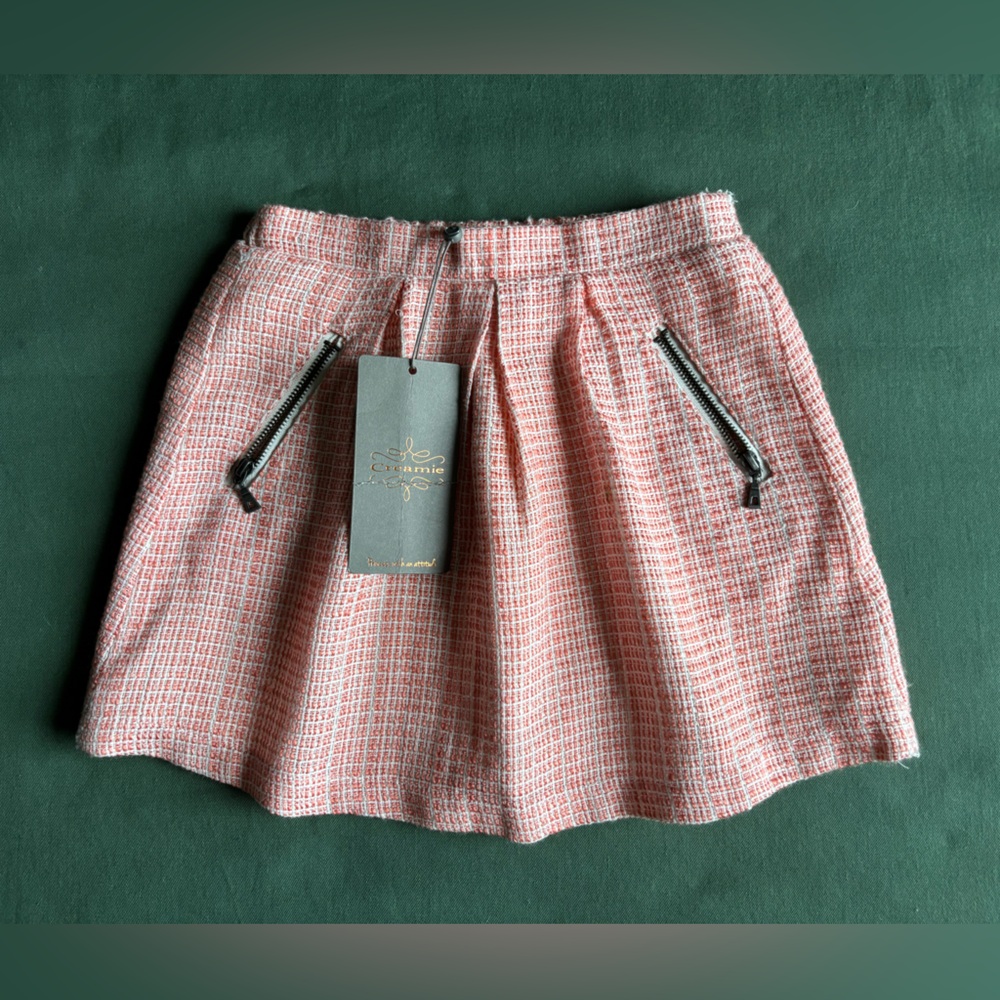 Girls Coral Pink Tweed Mini Skirt with Zip Pockets